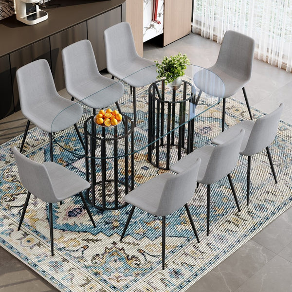 English Elm Table and Chair Set Oval Tempered Glass Top with 8 Linen Seats Light Luxury Dining W1151S04754