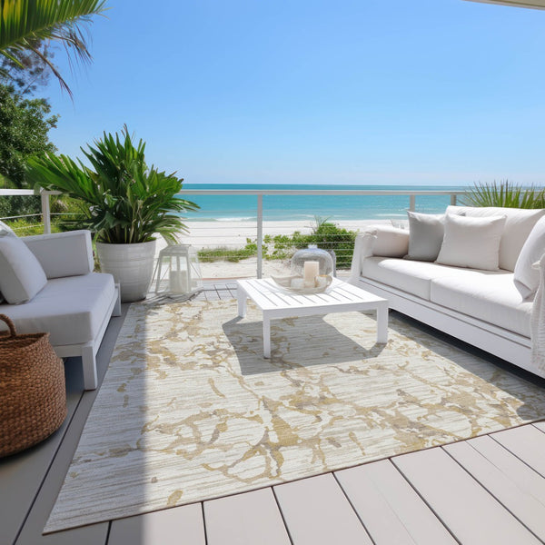 Homeroots 3' Striped Artichoke Green And Beige Washable Area Rug For Indoor And Outdoor Spaces 10' X 14' Polyester 600911