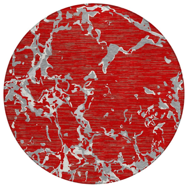 HomeRoots 5' Striped Washable Area Rug in Red, Ivory & Gray - Ideal for Indoor & Outdoor Use, Easy Care! 8' Round 600920