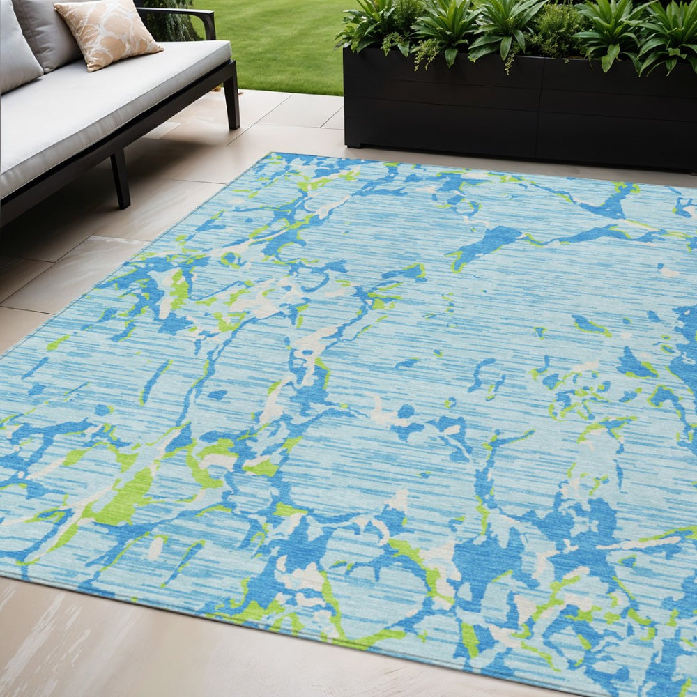 HomeRoots 5' Coastal-Inspired Sky Blue Green Ivory Striped Washable Rug for Indoor & Outdoor Versatility 5' X 8' 600925