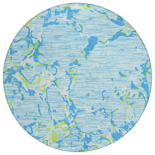 HomeRoots 5' Coastal-Inspired Sky Blue Green Ivory Striped Washable Rug for Indoor & Outdoor Versatility 8' Round 600926