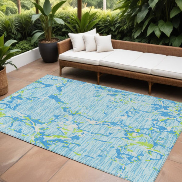 HomeRoots 5' Coastal-Inspired Sky Blue Green Ivory Striped Washable Rug for Indoor & Outdoor Versatility 8' X 10' 600927