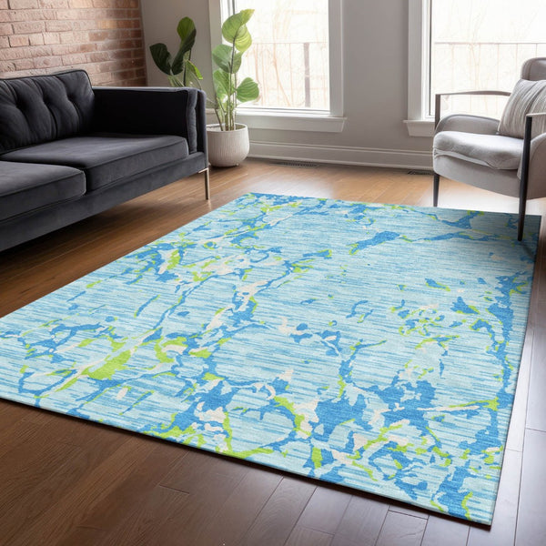 HomeRoots 5' Coastal-Inspired Sky Blue Green Ivory Striped Washable Rug for Indoor & Outdoor Versatility 8' X 10' 600927