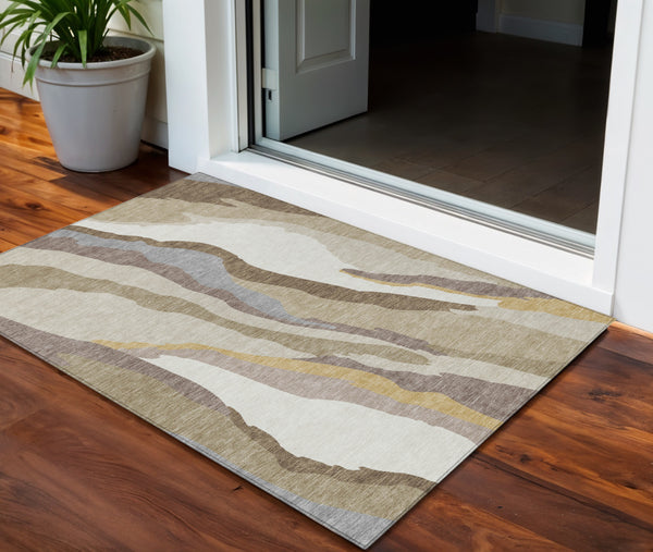 Homeroots 3' Beige Brown And Gray Abstract Washable Area Rug - Perfect For Indoor And Outdoor Spaces 3' X 5' Polyester 600936