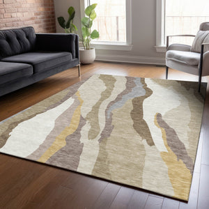 Homeroots 3' Beige Brown And Gray Abstract Washable Area Rug - Perfect For Indoor And Outdoor Spaces 3' X 5' Polyester 600936