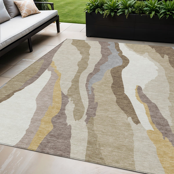 Homeroots 3' Beige Brown And Gray Abstract Washable Area Rug - Perfect For Indoor And Outdoor Spaces 5' X 8' Polyester 600937