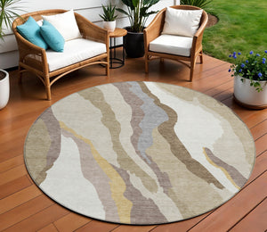 Homeroots 3' Beige Brown And Gray Abstract Washable Area Rug - Perfect For Indoor And Outdoor Spaces 8' Round Polyester 600938