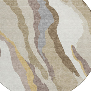 Homeroots 3' Beige Brown And Gray Abstract Washable Area Rug - Perfect For Indoor And Outdoor Spaces 8' Round Polyester 600938