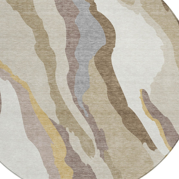 Homeroots 3' Beige Brown And Gray Abstract Washable Area Rug - Perfect For Indoor And Outdoor Spaces 8' Round Polyester 600938