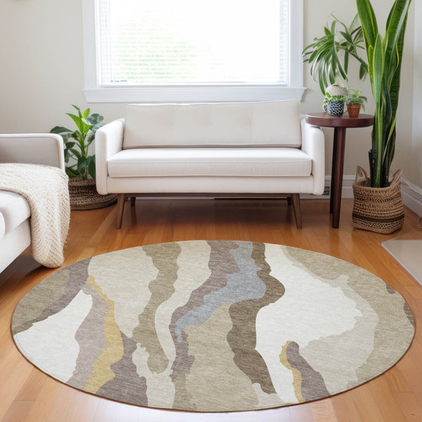 Homeroots 3' Beige Brown And Gray Abstract Washable Area Rug - Perfect For Indoor And Outdoor Spaces 8' Round Polyester 600938