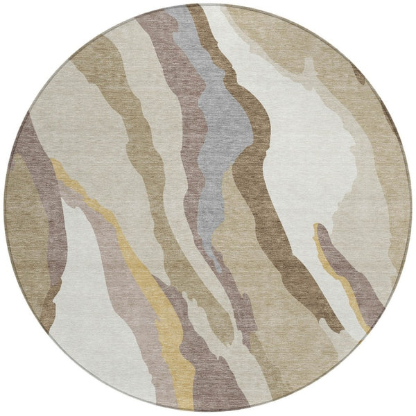 Homeroots 3' Beige Brown And Gray Abstract Washable Area Rug - Perfect For Indoor And Outdoor Spaces 8' Round Polyester 600938