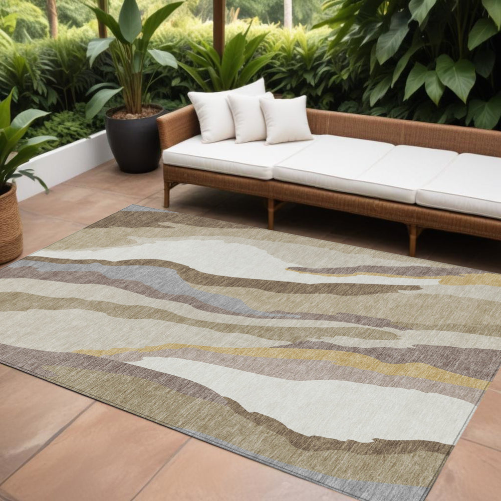 Homeroots 3' Beige Brown And Gray Abstract Washable Area Rug - Perfect For Indoor And Outdoor Spaces 8' X 10' Polyester 600939