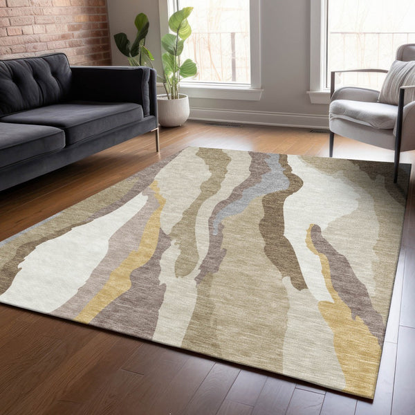 Homeroots 3' Beige Brown And Gray Abstract Washable Area Rug - Perfect For Indoor And Outdoor Spaces 8' X 10' Polyester 600939