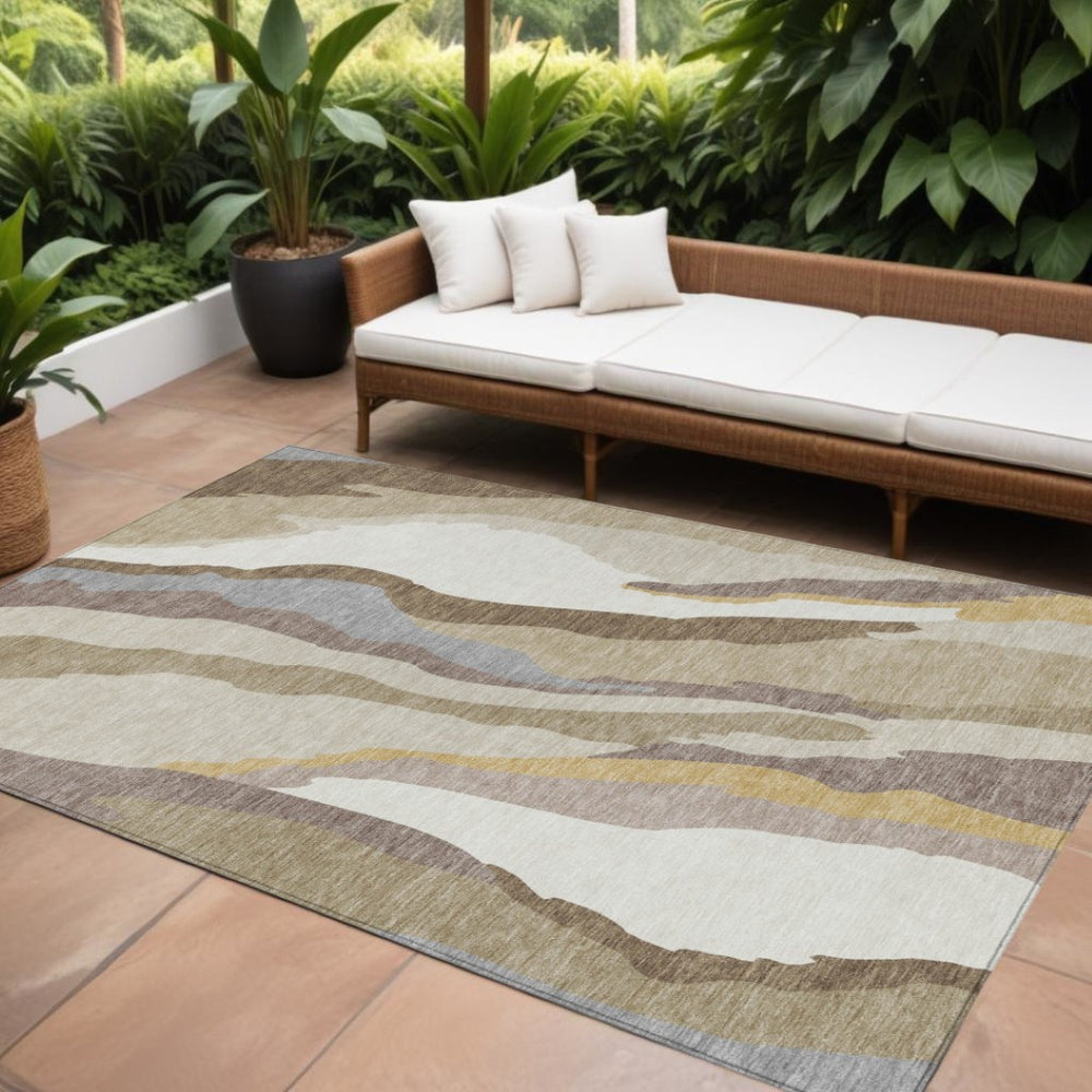 HomeRoots 9' X 12' Abstract Washable Indoor/Outdoor Area Rug - Durable, Stain Resistant, Modern Beige & Gray Design 600940