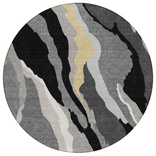 HomeRoots 5' Abstract Black Gray Tan Washable Area Rug - Durable Indoor Outdoor Design for High-Traffic Spaces 8' Round 600944