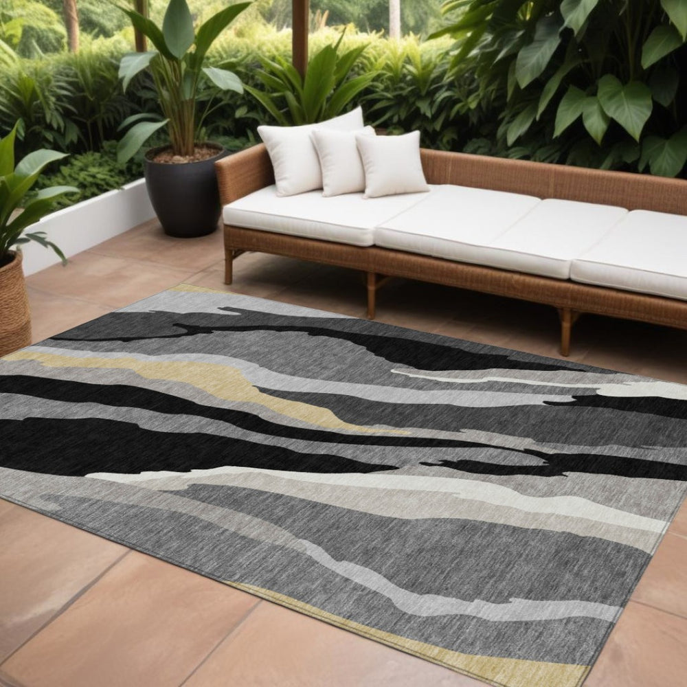 HomeRoots 9' X 12' Versatile Black Gray Tan Abstract Washable Area Rug for Indoor & Outdoor Spaces 600946