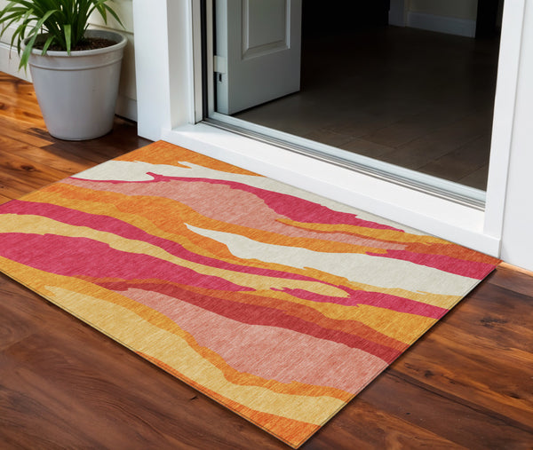 Homeroots 3' Beige Brown And Gray Abstract Washable Area Rug - Perfect For Indoor And Outdoor Spaces 3' X 5' Polyester 600948