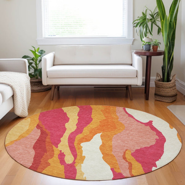 HomeRoots 5' Blush Copper and Ivory Abstract Area Rug - Durable, Washable Design for Indoor and Outdoor Use 8' Round 600950