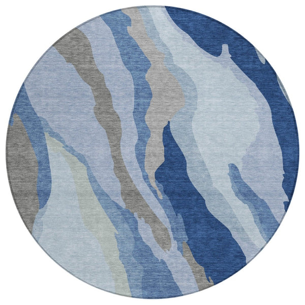 HomeRoots 5' Blue Gray & Ivory Abstract Washable Area Rug – Ideal for Indoor & Outdoor Spaces, Durable & Stylish 8' Round 600956