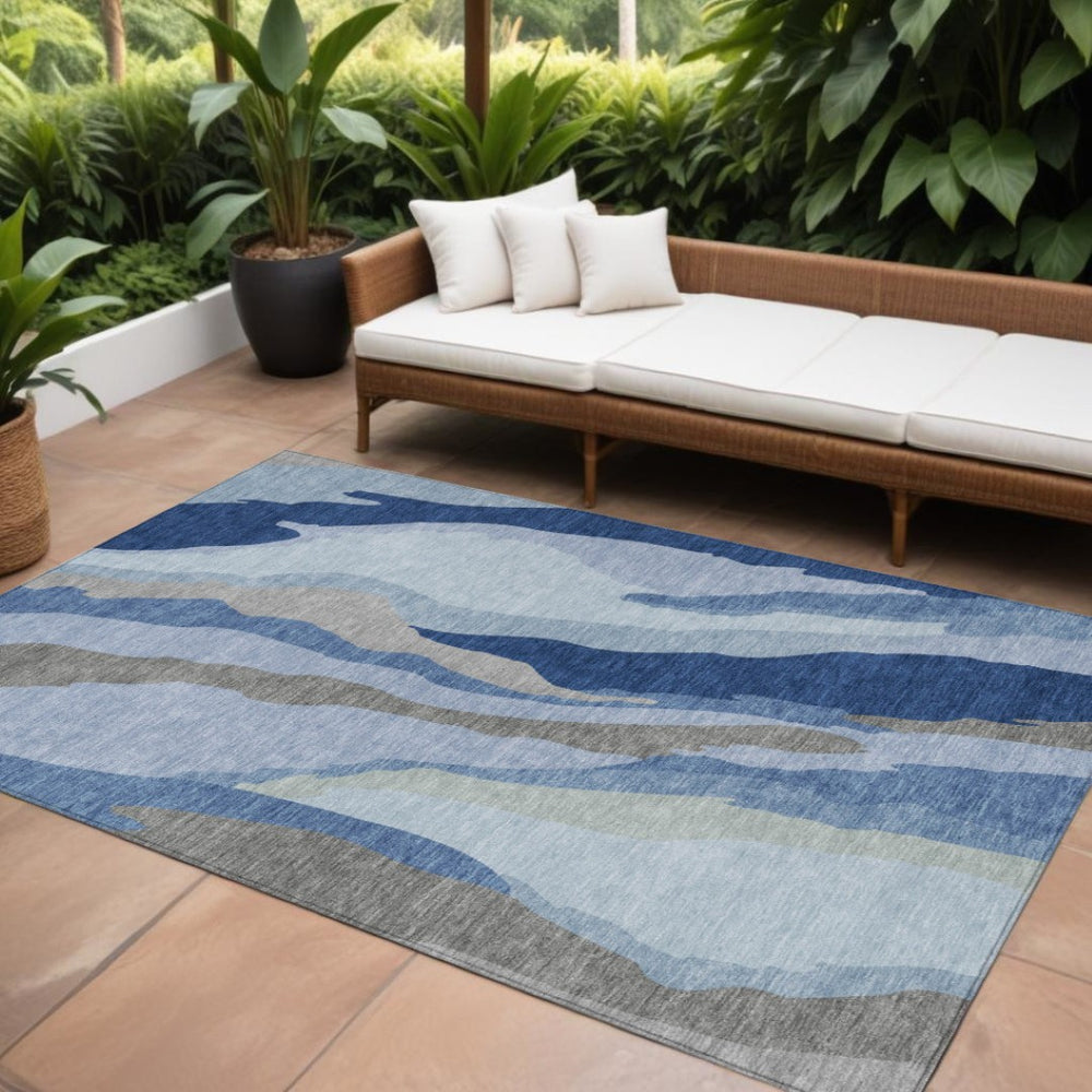 HomeRoots 9' X 12' Blue Gray Ivory Abstract Area Rug - Washable, Durable, Modern Design for Indoor & Outdoor Use 600958
