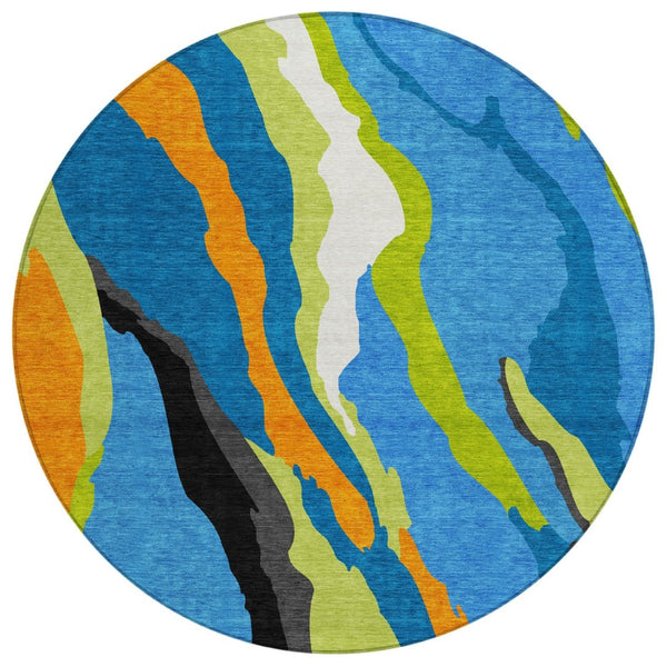 HomeRoots 5' Abstract Denim Blue Copper Green Area Rug - Modern Washable Design for Indoor & Outdoor Use 8' Round 600962
