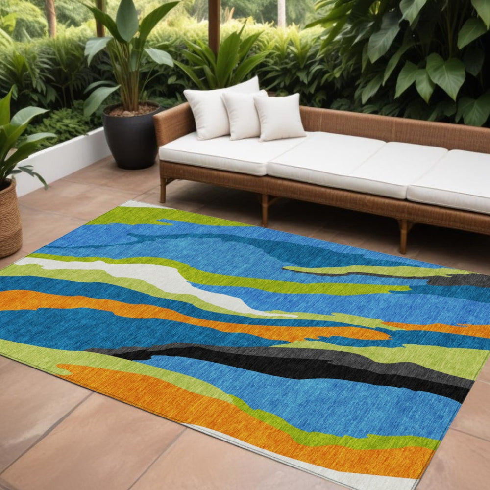HomeRoots 5' Abstract Denim Blue Copper Green Area Rug - Modern Washable Design for Indoor & Outdoor Use 8' X 10' 600963