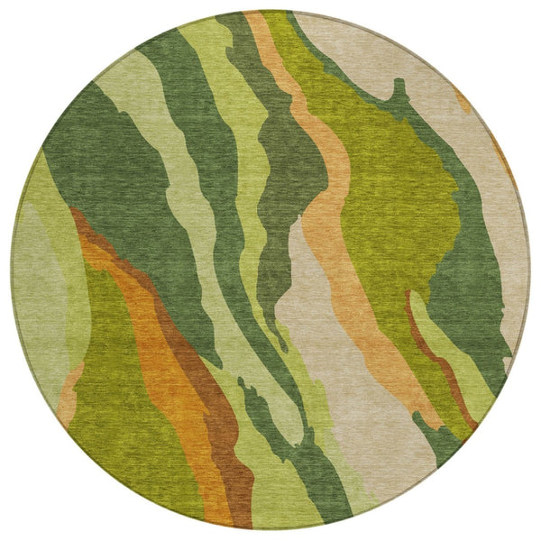 HomeRoots 5' Contemporary Green Beige and Copper Abstract Washable Area Rug for Indoor or Outdoor Use 8' Round 600968
