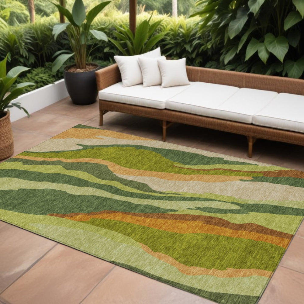 HomeRoots 9' X 12' Abstract Area Rug in Green, Beige & Copper - Machine Washable for Indoor & Outdoor Use 600970