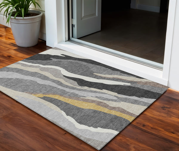 Homeroots 3' Beige Brown And Gray Abstract Washable Area Rug - Perfect For Indoor And Outdoor Spaces 3' X 5' Polyester 600972