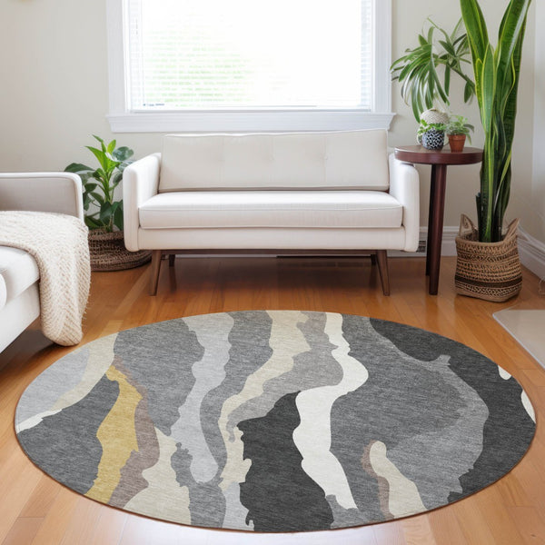 Homeroots 3' Beige Brown And Gray Abstract Washable Area Rug - Perfect For Indoor And Outdoor Spaces 8' Round Polyester 600974