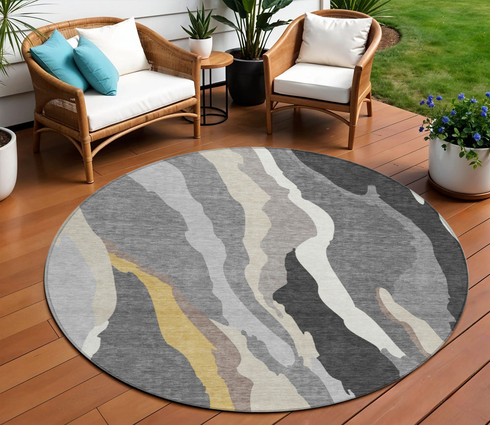 Homeroots 3' Beige Brown And Gray Abstract Washable Area Rug - Perfect For Indoor And Outdoor Spaces 8' Round Polyester 600974