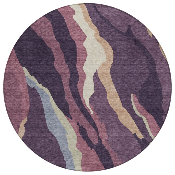 HomeRoots 5' Plum Purple and Ivory Abstract Area Rug - Stylish, Washable, Durable for Indoor and Outdoor Use 8' Round 600986