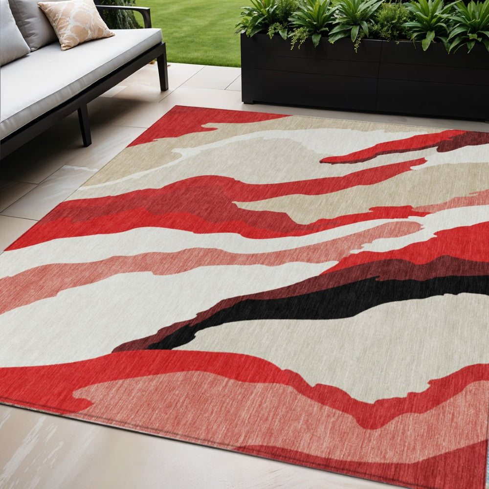 HomeRoots 5' Abstract Area Rug in Red, Black & Beige - Modern Washable Design for Indoor & Outdoor Spaces 5' X 8' 600997