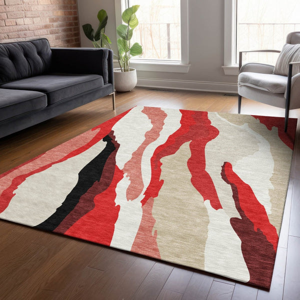HomeRoots 5' Abstract Area Rug in Red, Black & Beige - Modern Washable Design for Indoor & Outdoor Spaces 5' X 8' 600997