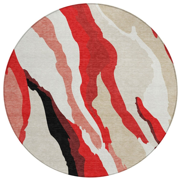 HomeRoots 5' Abstract Area Rug in Red, Black & Beige - Modern Washable Design for Indoor & Outdoor Spaces 8' Round 600998