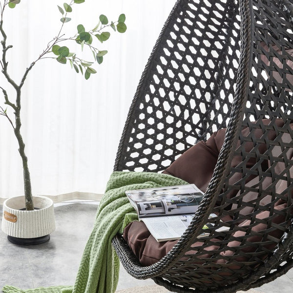 English Elm 76.8-inch Hand Woven Rattan Egg Swing Chair Indoor Outdoor with Cushion Lumbar Pillow Black W1512P498596