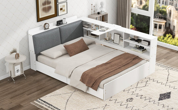 English Elm Wood Full Size platform bed with storage headboard, built-in shelves and drawers, sturdy pine frame, compact solution for small rooms White GX002054AAK