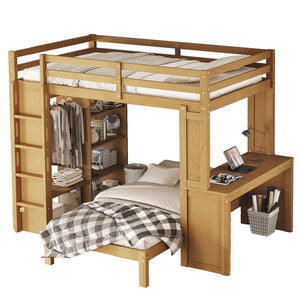 English Elm Full Solid Wood Loft Bed with Removable Lower Bed, Built-In Desk, Shelves & Wardrobe for Space-Saving Designs Natural W1580S00213