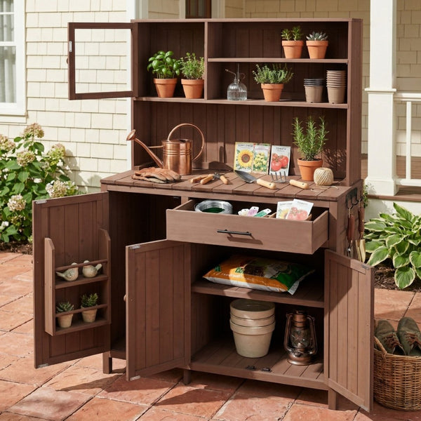 English Elm (with Hutch) Topamx Solid Fir Potting Bench Patio Workstation Spice Rack Drawer Brown N717P404330D
