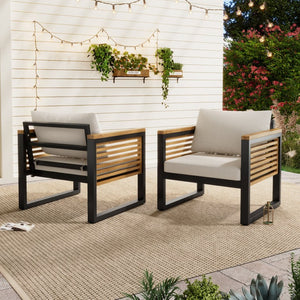English Elm Outdoor Acacia Wood Arm Iron Pipe Patio Chair Set with Cushioned High Back N757S238856B