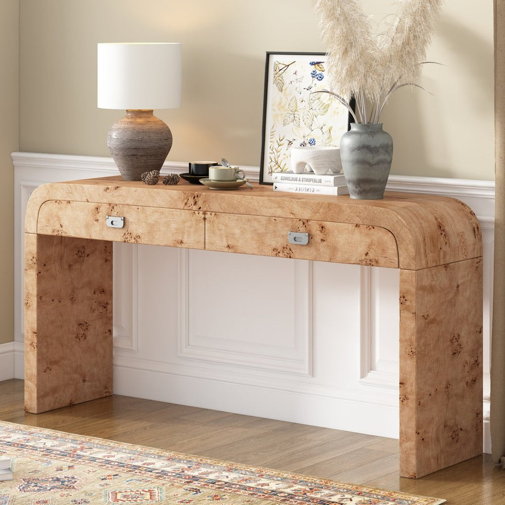 English Elm U_style Burl Veneer Console Table with Two Drawers for Foyer Living Room Hallway Natural Wood+Brown N711P216235D