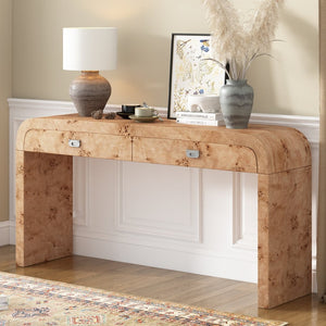 English Elm U_style Burl Veneer Console Table with Two Drawers for Foyer Living Room Hallway Natural Wood+Brown N711P216235D