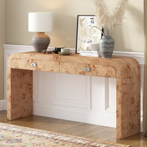 English Elm U_style Burl Veneer Console Table with Two Drawers for Foyer Living Room Hallway Natural Wood+Brown N711P216235D