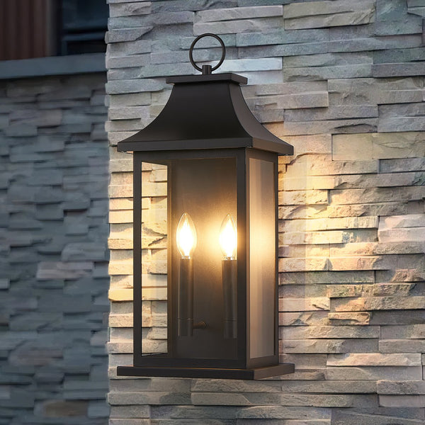 English Elm Outdoor 22" Wall Lantern 2-Light, Modern Black Waterproof Exterior Sconce with Clear Glass Shades, Durable Metal Design W2312P409017