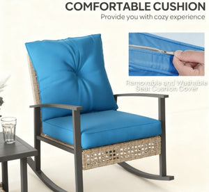 English Elm Patio Pe Rattan Rocking Chair Set with Tufted Cushions and Matching Coffee Table Blue T3971P419117