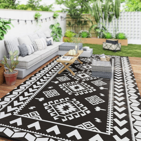 English Elm Outsunny Reversible Polypropylene Outdoor Rug Waterproof Patio Camping Mat with Carry Bag Black W2225P485552