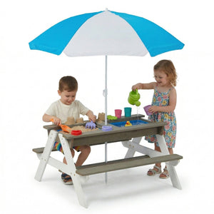 English Elm Wooden Cedar Kids Outdoor Picnic Activity Table with Shade Umbrella for Backyard Play D720094435
