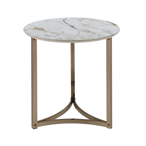 English Elm Aziz Round Sintered Stone Coffee Table with Champagne Metal Frame, Curved Crossbar Modern Centerpiece White 29.25 L x 27.25 W x 7.5 H B2726P245903