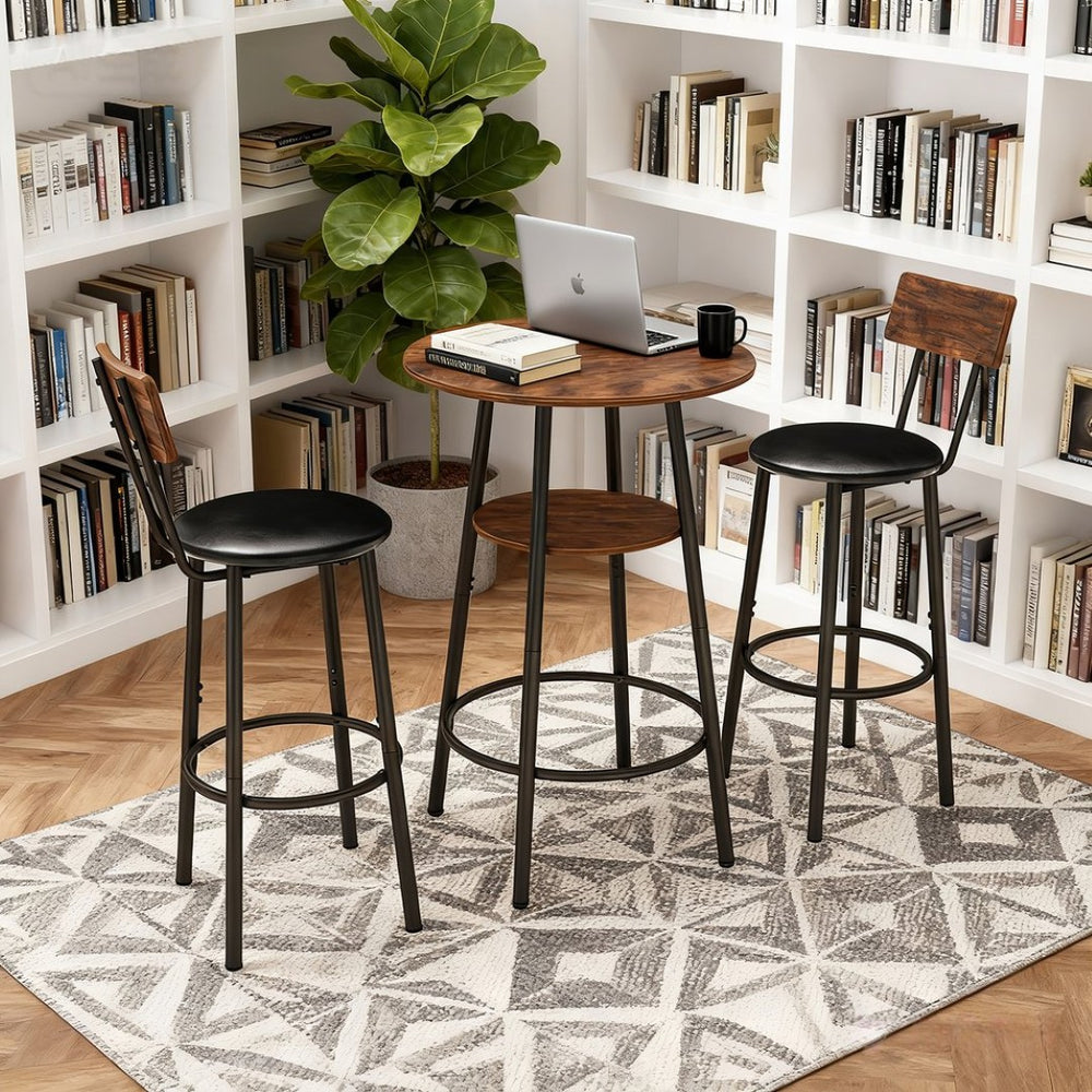 English Elm 3 Piece Bar Height Dining Set with Two Tier Storage and Pu Upholstered Stools Rustic W3204P428254
