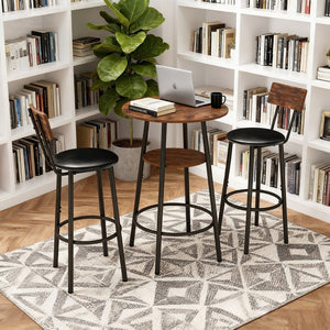 English Elm 3 Piece Bar Height Dining Set with Two Tier Storage and Pu Upholstered Stools Rustic W3204P428254